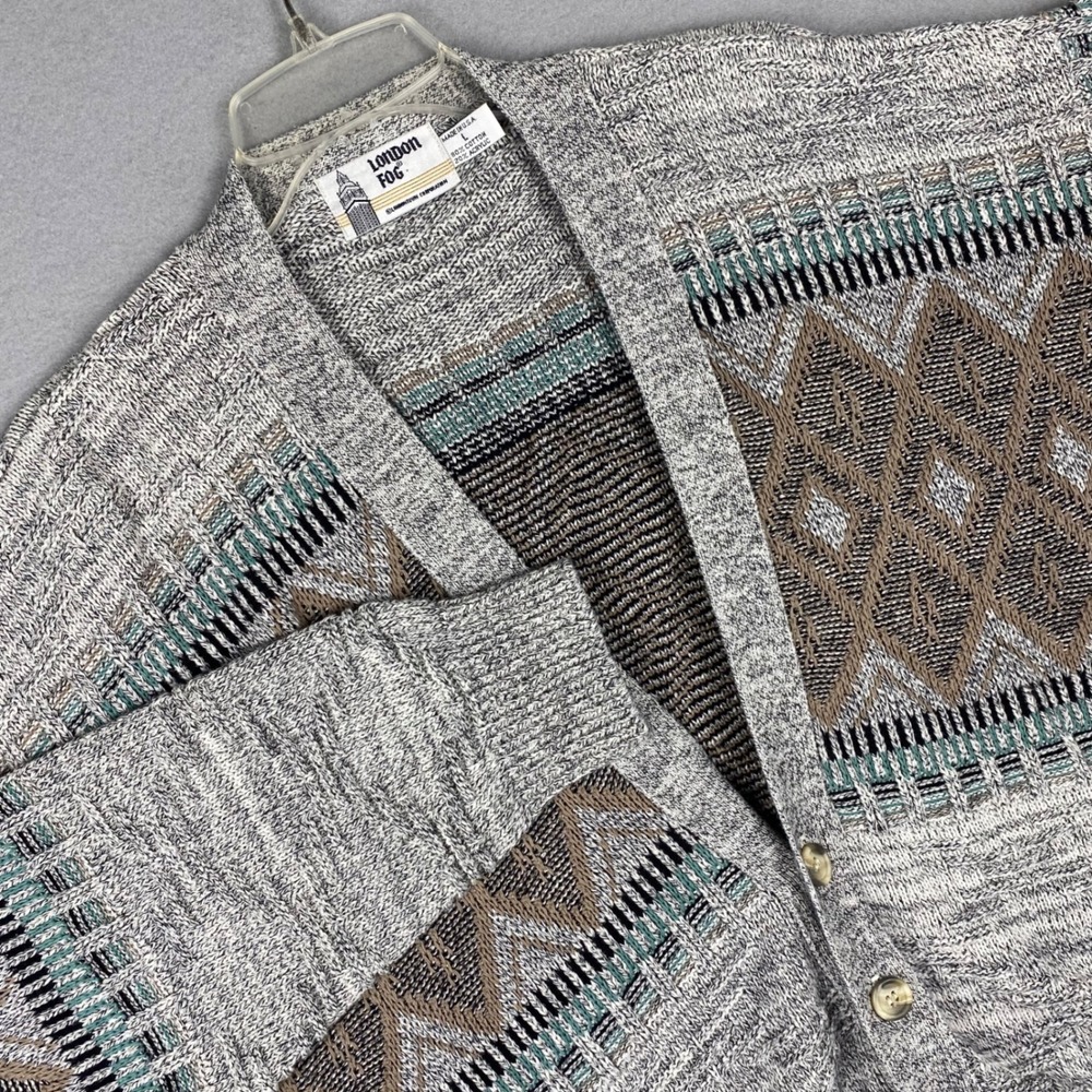 London Fog Vintage Mens Large Grey Geometric Diamond Knit Button Front Cardigan